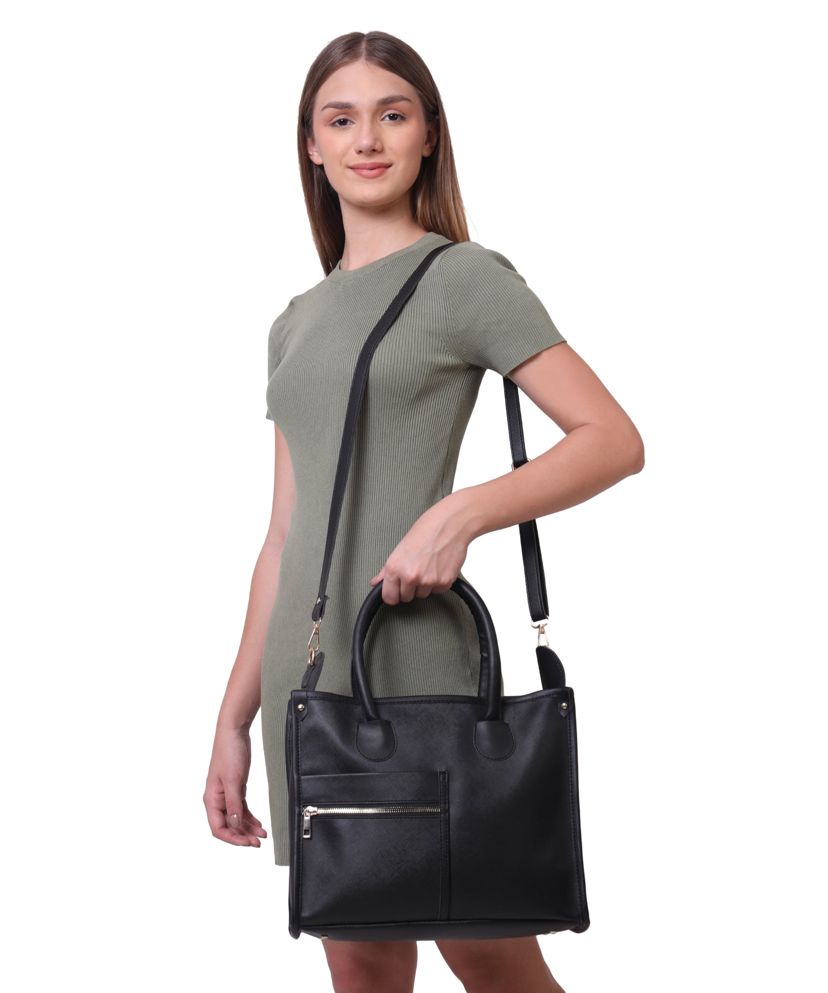 Black Saffiano Synthetic Leather Handbag For Women