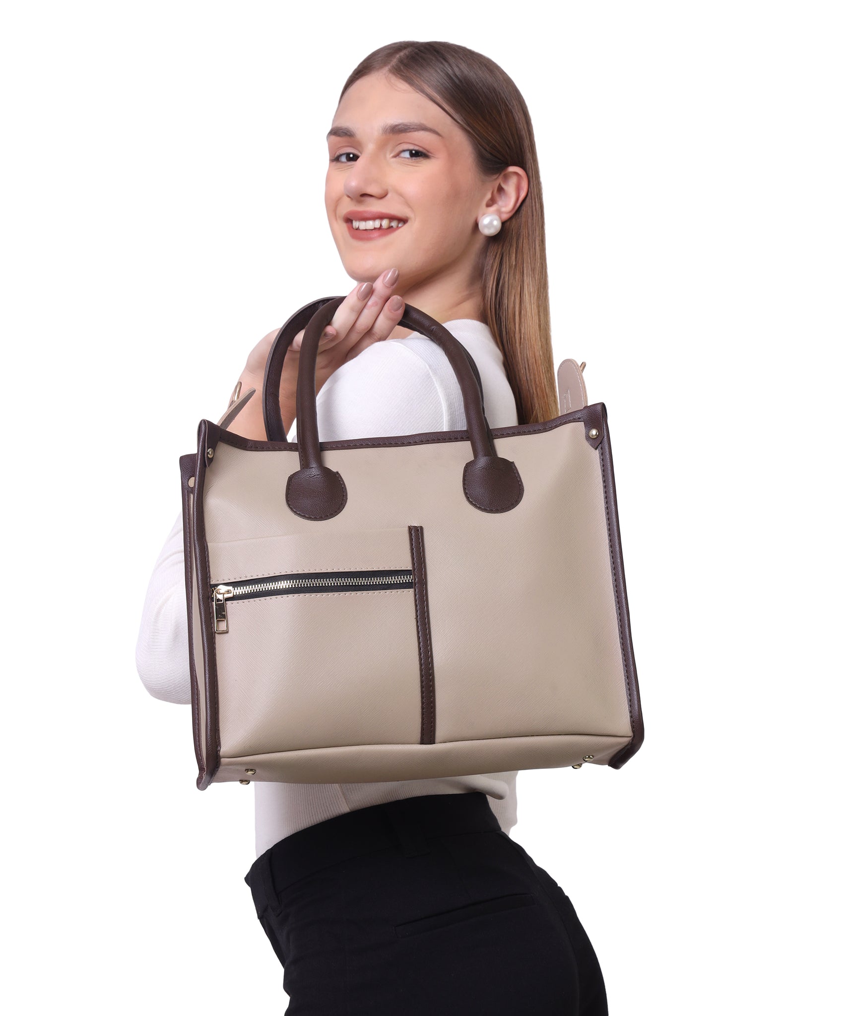 Beige Brown Synthetic Leather Handbag For Women