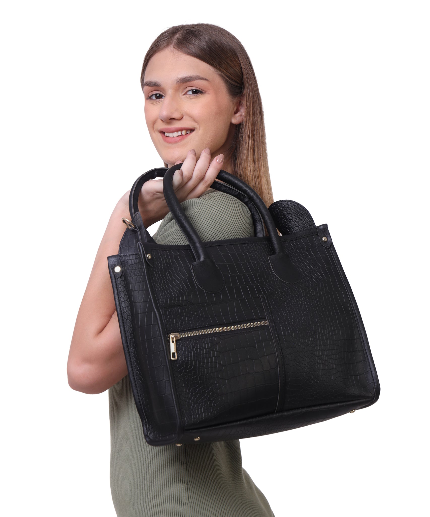 Black Brown Synthetic Leather Handbag For Women