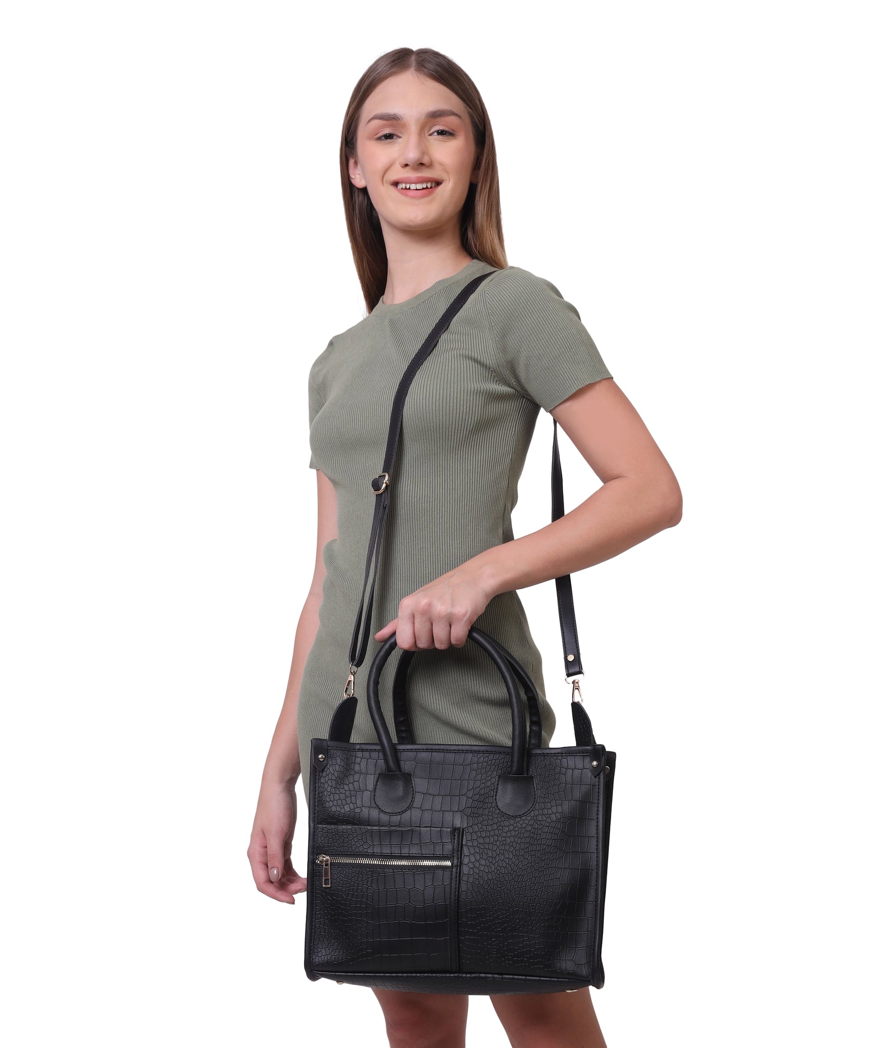 Black Brown Synthetic Leather Handbag For Women