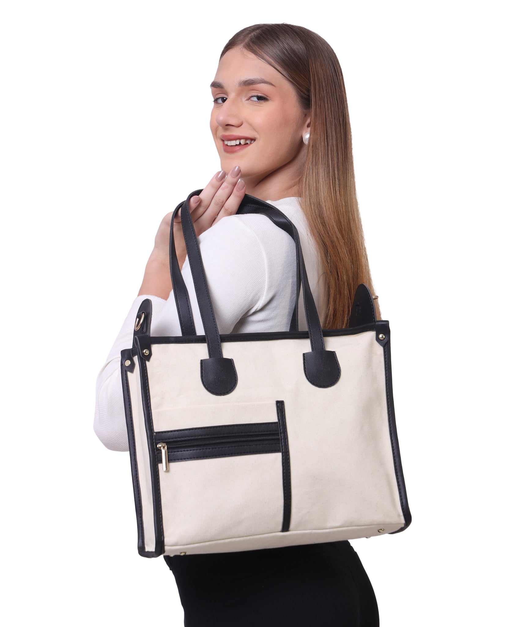 Off White-Black Canvas Handbag For Women