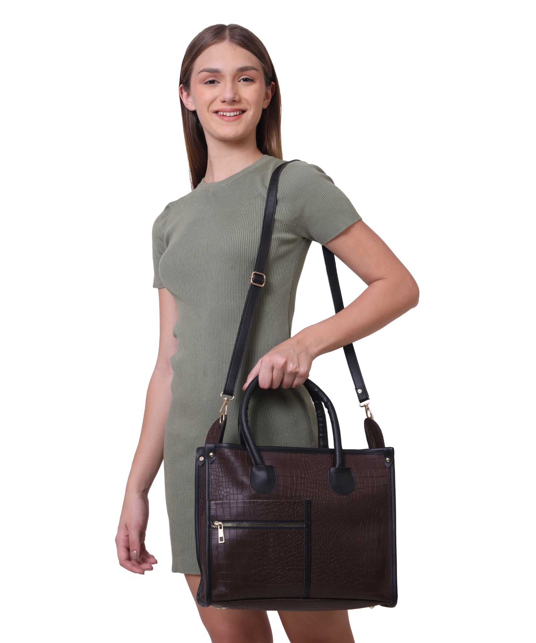 Brown Crocodile Synthetic Leather Handbag For Women