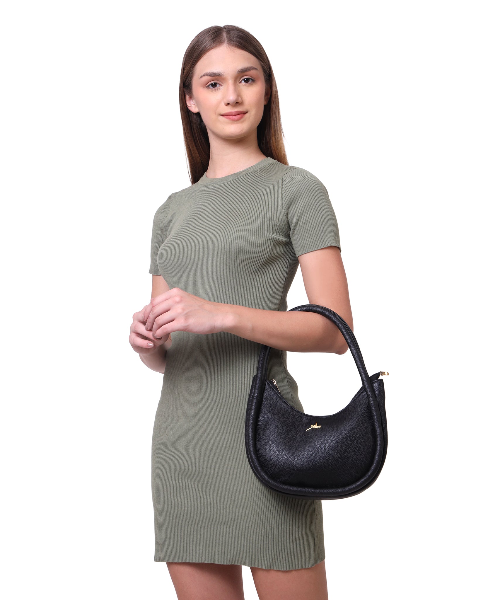 Black Synthetic Leather Baguette Bag For Women