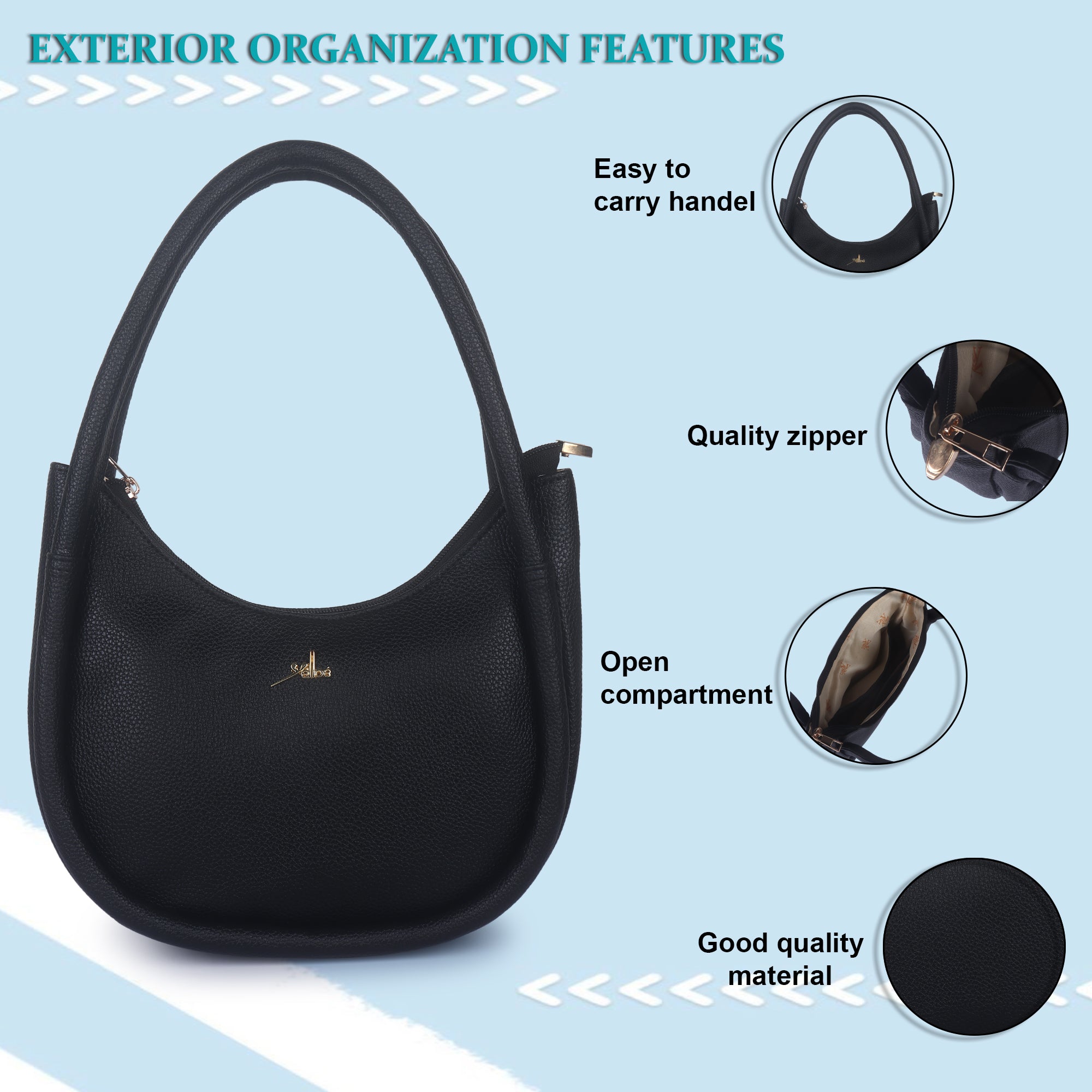 Black Synthetic Leather Baguette Bag For Women