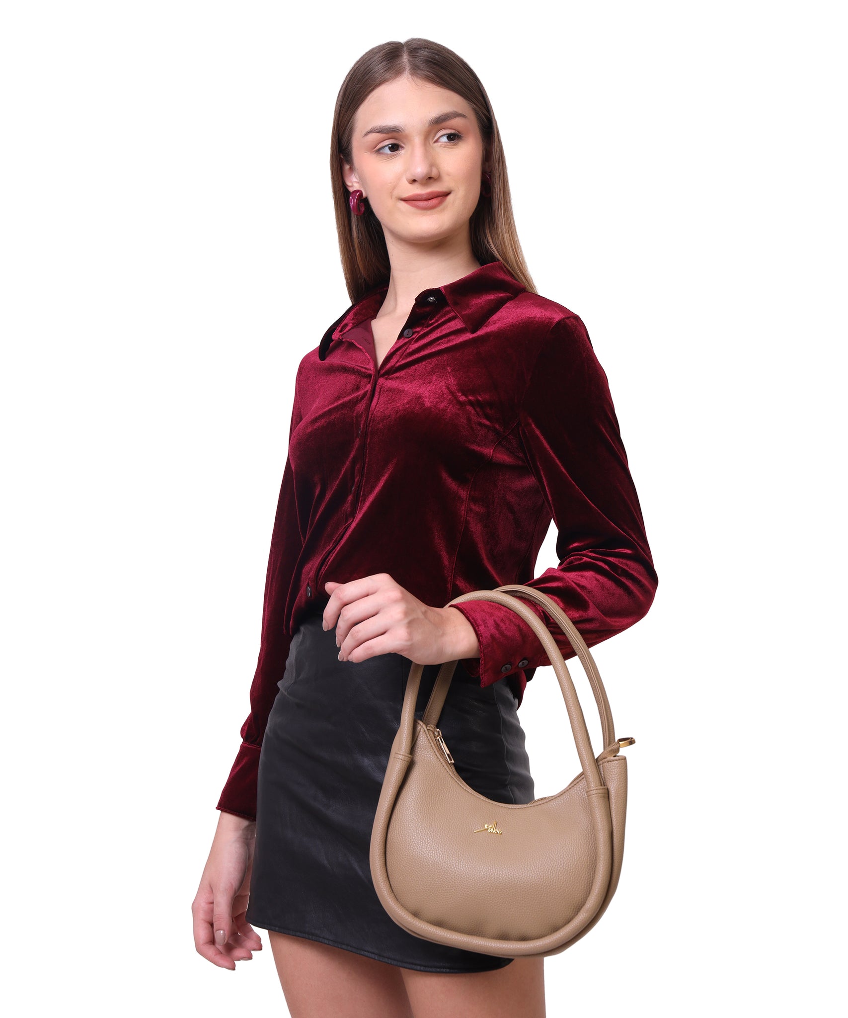 Beige Synthetic Leather Baguette Bag For Women