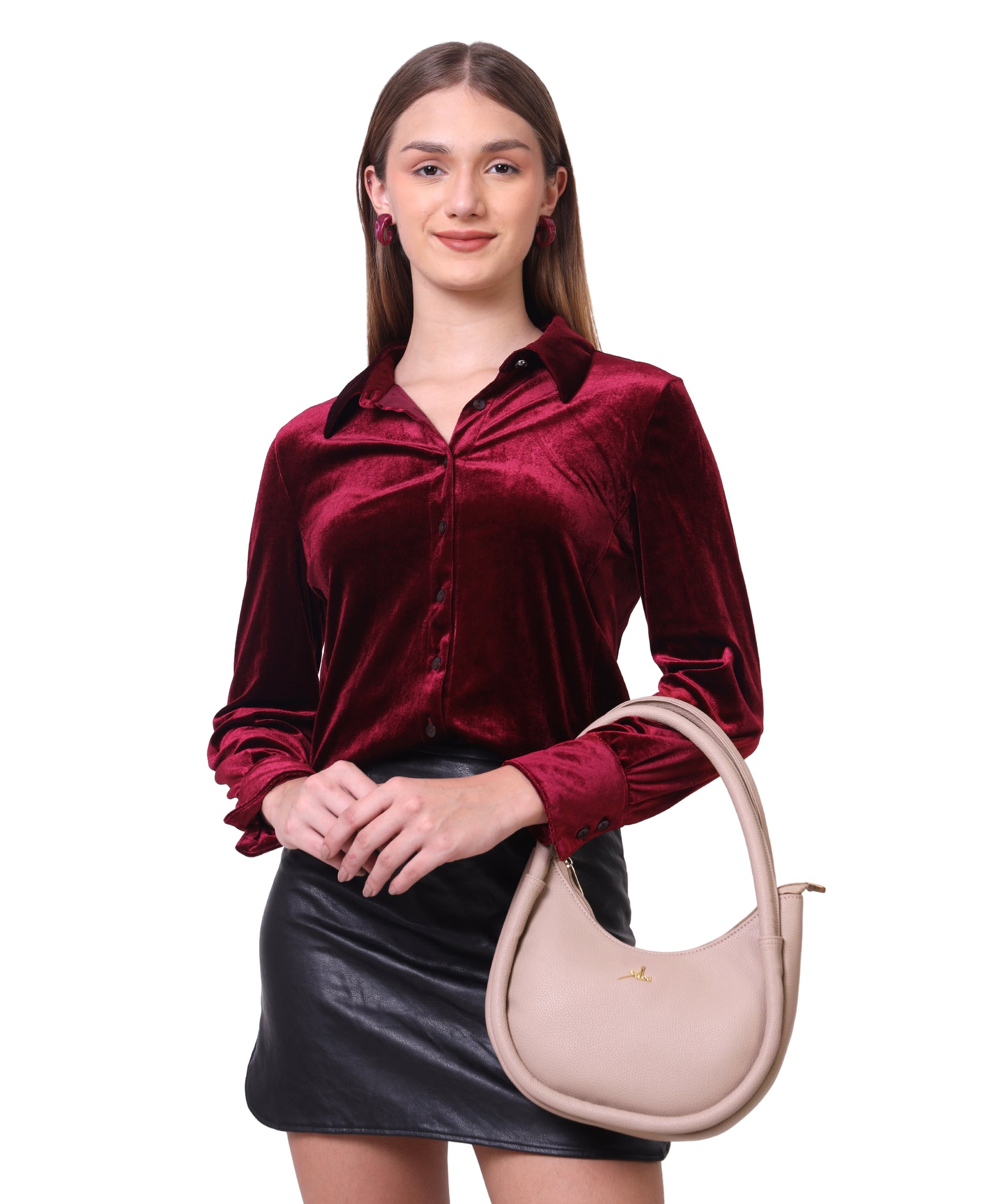 Dusty Pink Synthetic Leather Baguette Bag For Women