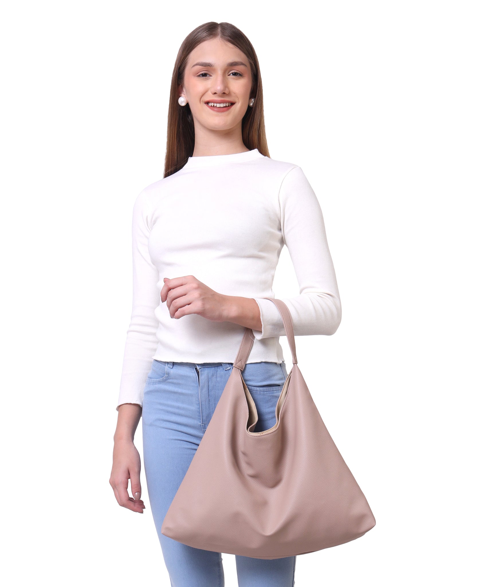 Dusty Pink Synthetic Leather Handbag Bag With Hanging Pouch For Women