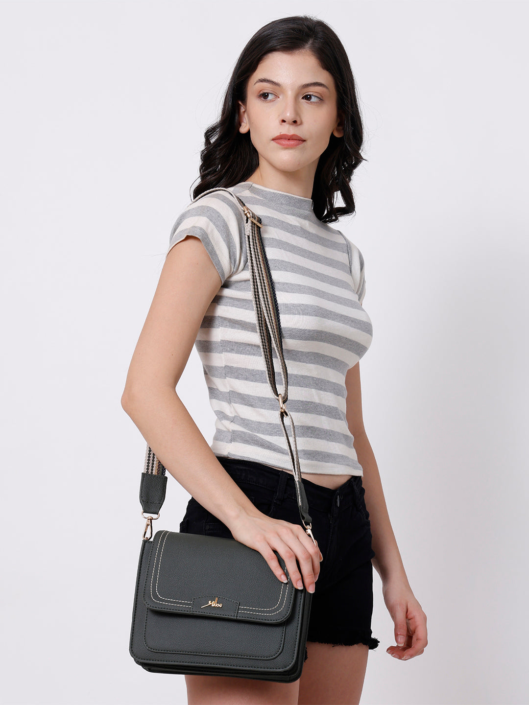 Green Multicompartment Sling Bag For Women