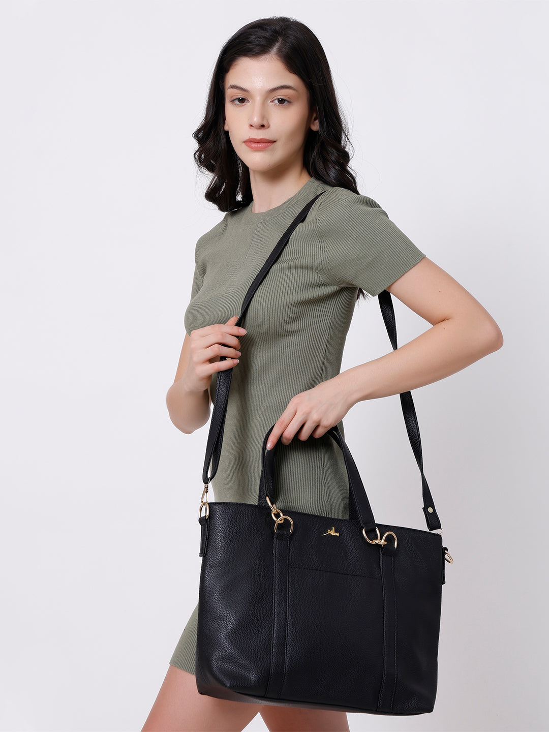 Black Synthetic Leather Shoulder Bag for Women