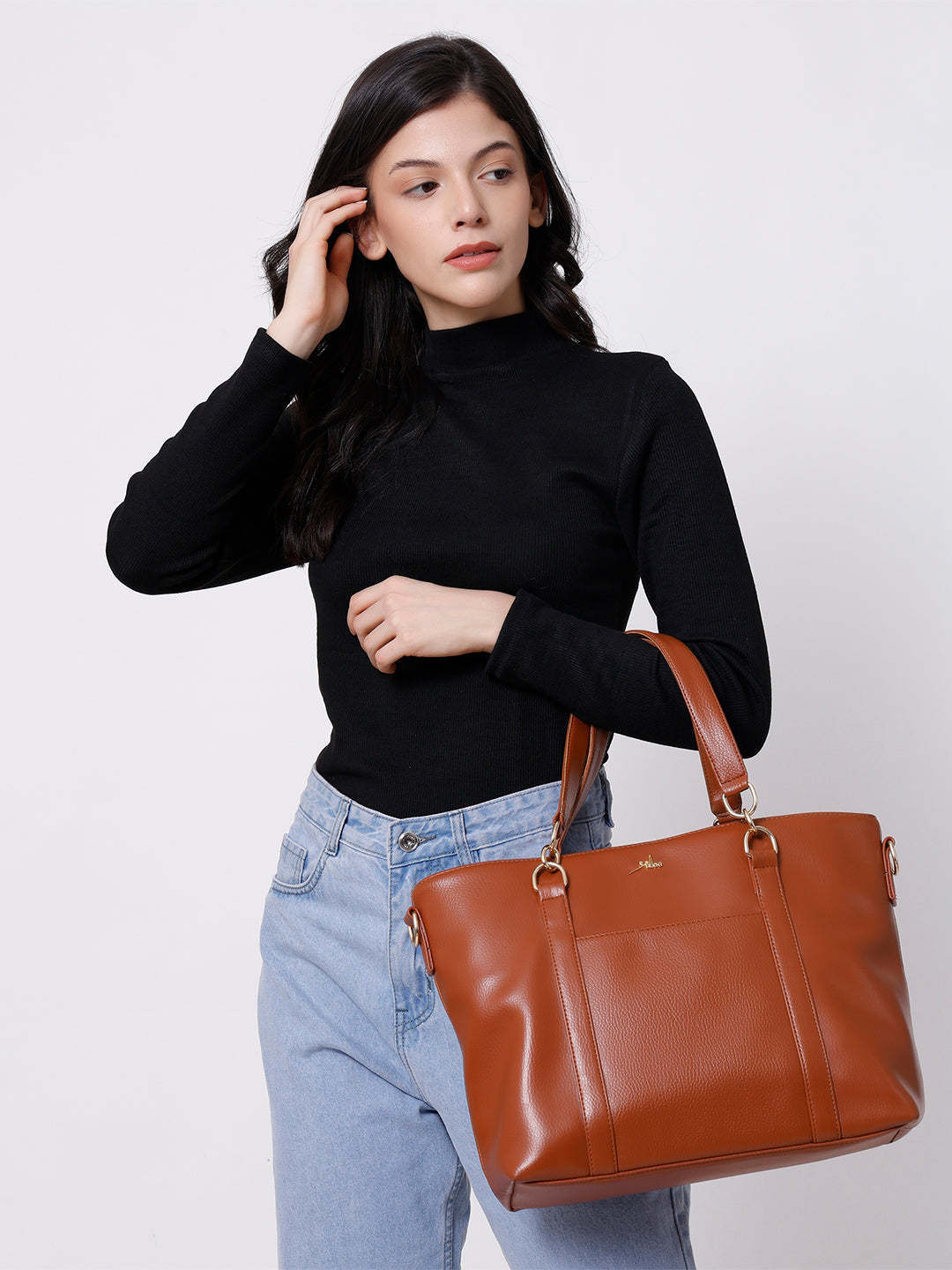 Tan Synthetic Leather Shoulder Bag for Women