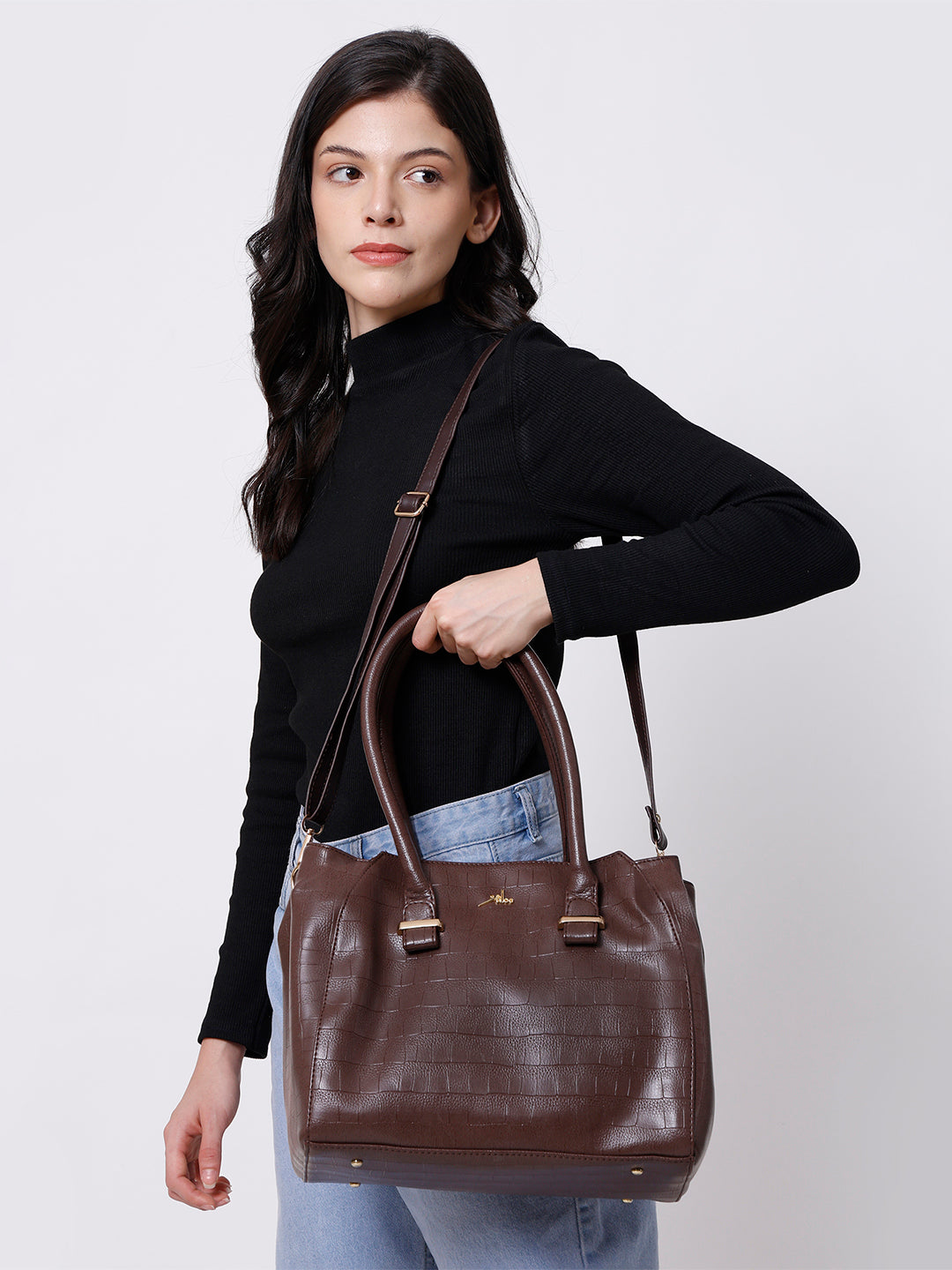 Brown PU Leather Solid Handbag for Women