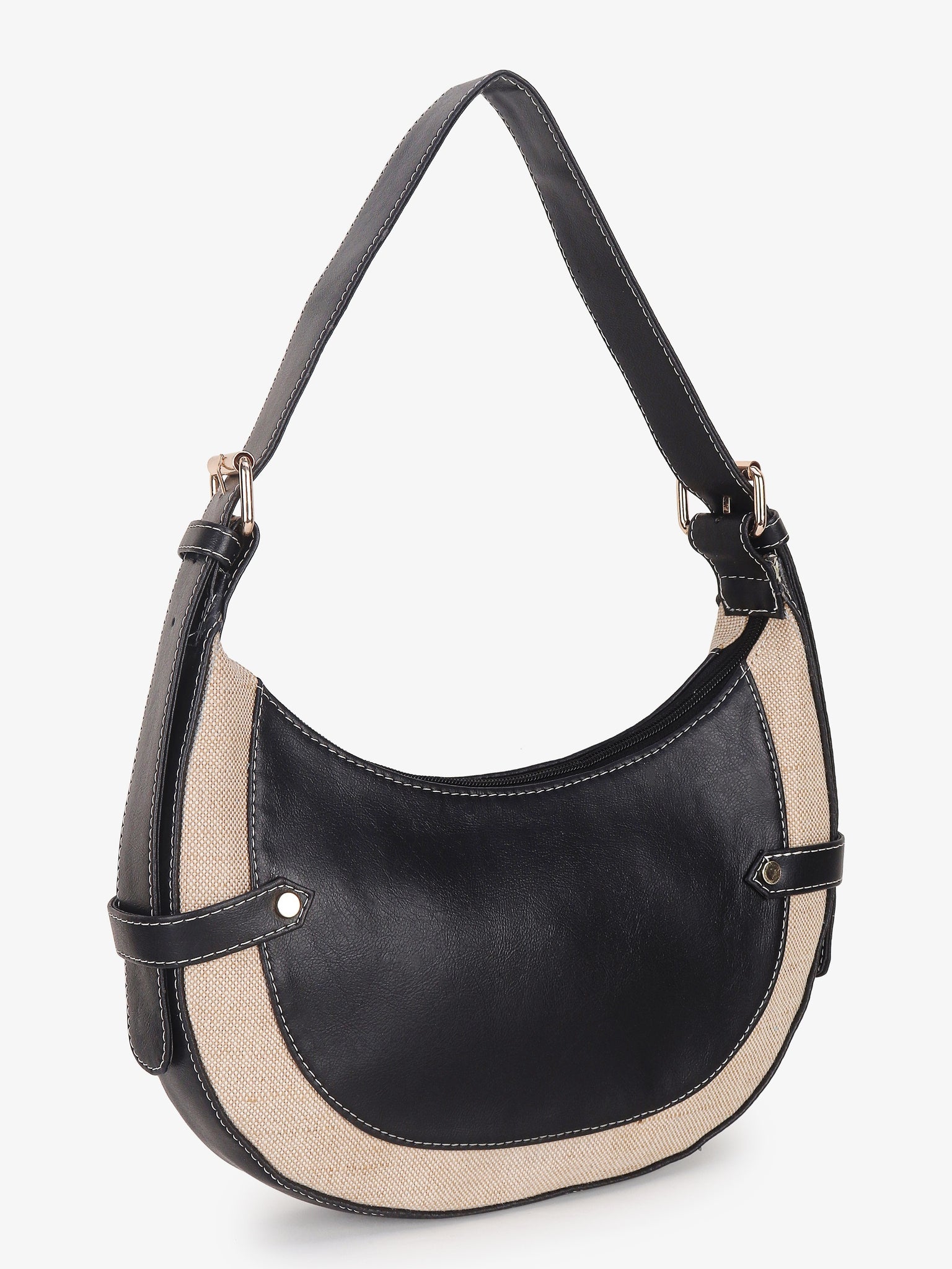 Black Beige Baguette Hand Bag