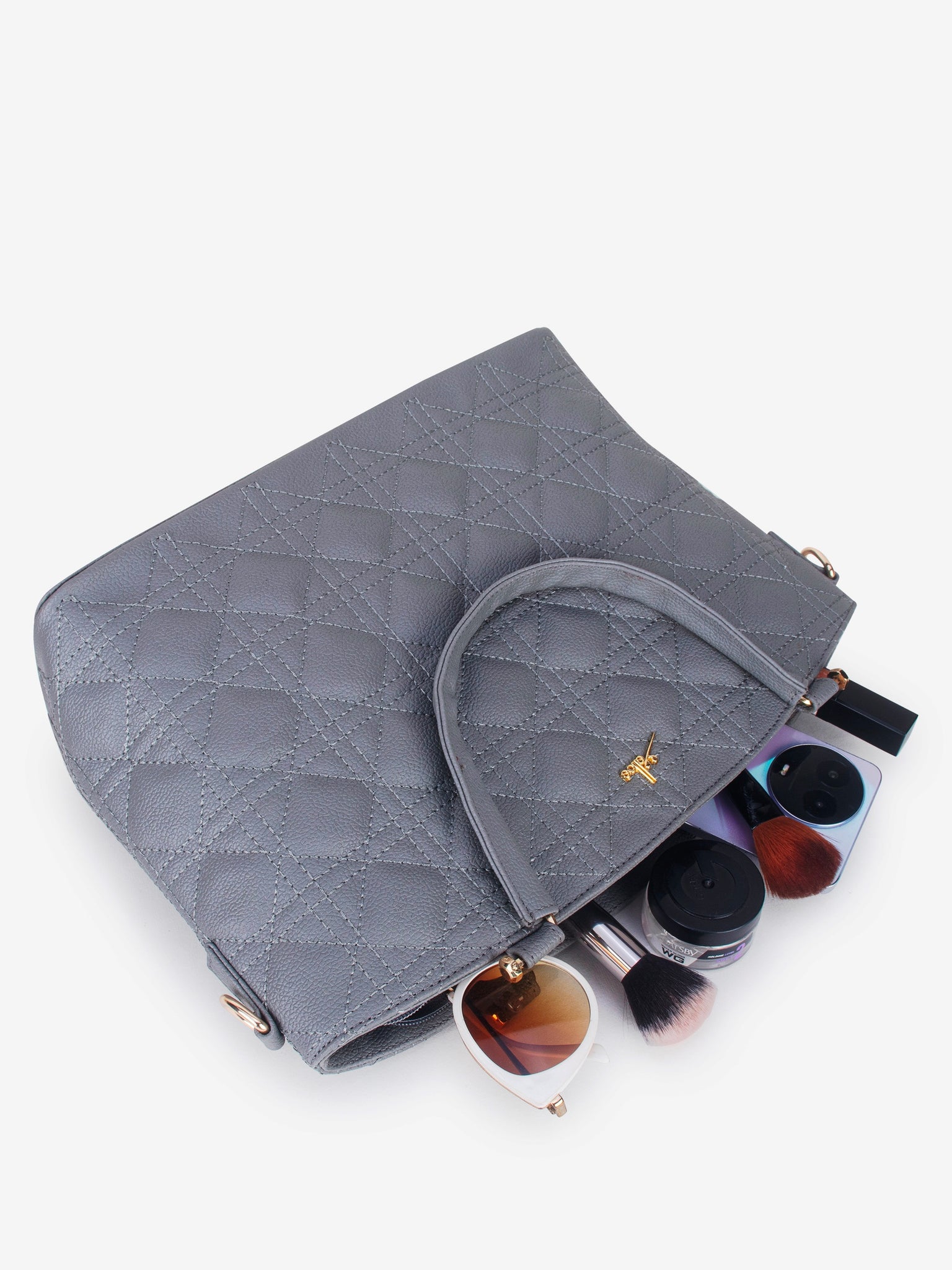 Grey Spacious Quilted Hand Bag